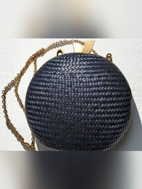 Nwt Hoss Intropia Dark Blue Raffia Crossbody Brass Tone Hardware Round Shaped